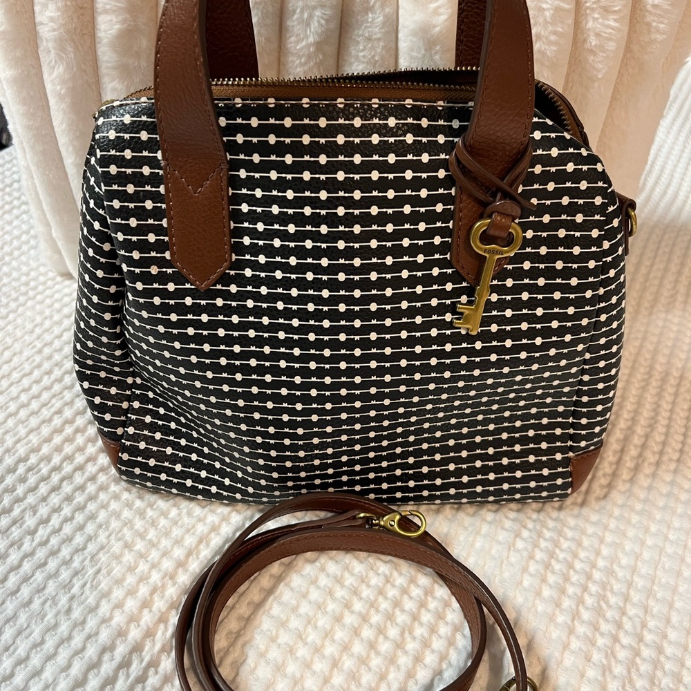 Fossil Black and White Satchel with Brown Accents